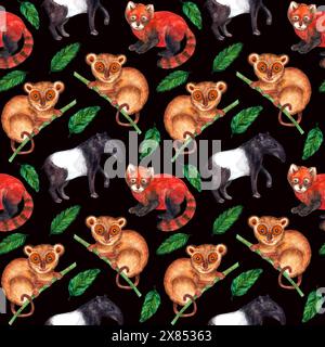 Motivo ad acquerello senza cuciture natura iperrealistica dei tropici dell'Asia - tapir, tarsier, panda rosso e foglie di palma su sfondo nero Foto Stock