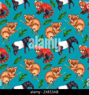 Motivo ad acquerello senza cuciture natura iperrealistica dei tropici dell'Asia - tapir, tarsier, panda rosso e foglie di palma su sfondo di colore blu-uccello Foto Stock