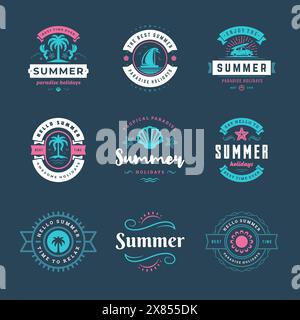Set di design tipografico rétro con etichette e badge per le vacanze estive. Modelli per biglietti d'auguri, poster e design di abbigliamento. Illustrazione vettoriale. Illustrazione Vettoriale