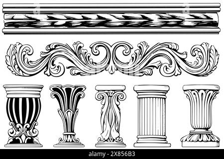 Collezione di colonne antiche: Illustrazioni vettoriali d'epoca di elementi architettonici romani e greci. Illustrazione Vettoriale