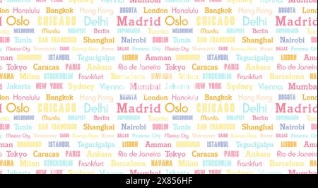 Nomi di città del mondo design a motivo senza cuciture. Testo colorato per una destinazione di viaggio per una stampa alla moda o una decorazione di prodotti. Illustrazione Vettoriale