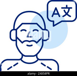 Uomo in cuffia e bolla vocale con traduzione linguistica. Imparare le lingue ascoltando i podcast Illustrazione Vettoriale