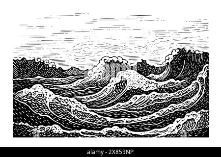 Vintage Sea Wave Sketch: Illustrazione vettoriale incisa del paesaggio naturale. Illustrazione Vettoriale