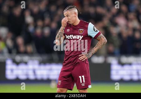 Foto del file datata 01-02-2024 di Kalvin Phillips. Moyes preferiva una squadra più piccola. È stata la sua decisione di portare solo Kalvin Phillips - per quello che si è trasformato in un terribile periodo di prestito - a gennaio, nonostante abbia lasciato lasciare tre giocatori, quindi il West Ham probabilmente vorrà almeno cinque o sei nuovi acquisti. Data di pubblicazione: Mercoledì 23 maggio 2024. Foto Stock