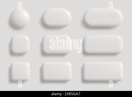 Pulsanti monocromatici bianchi semplici in stile 3D. Forme circolari, quadrate e rettangolari. Illustrazione vettoriale Illustrazione Vettoriale