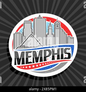 Logo vettoriale per Memphis, etichetta rotonda decorativa bianca con illustrazione a linee del famoso paesaggio urbano di memphis sullo sfondo del cielo, frigorifero art design Illustrazione Vettoriale