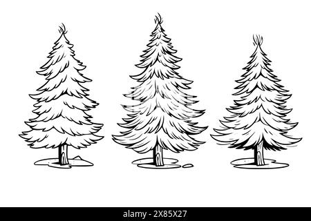 Abete rosso con una silhouette incisa. Set di vettori semplici per pini ad albero. Illustrazione Vettoriale