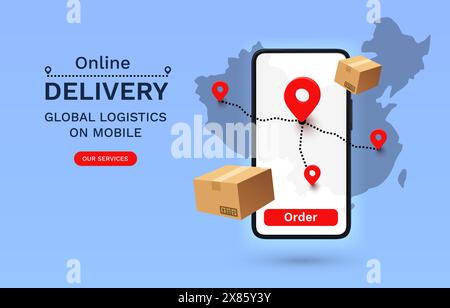 Online Delivery logistica globale su dispositivi mobili, consegna in Cina. Vettore Illustrazione Vettoriale