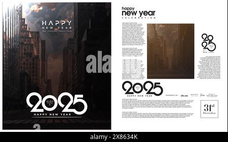 Poster di Capodanno 2025. Modello poster numero 2025. Illustrazione con uno sfondo dell'edificio che mostra il successo. Design per calendari, cartoline e copertine. Illustrazione Vettoriale