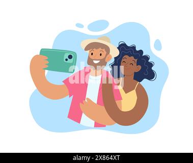 Destinazioni di viaggio estive. Coppia felice che scatta un selfie con uno smartphone. Illustrazione del vettore concettuale Illustrazione Vettoriale
