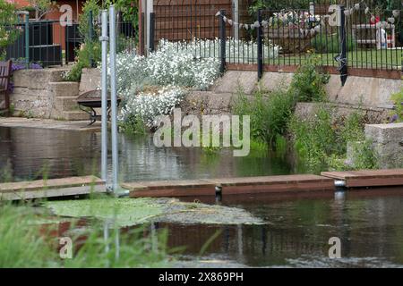 Eton Wick, Regno Unito. 23 maggio 2024. I residenti di Eton Wick, Windsor, Berkshire, che vivono vicino a Roundmoor Ditch sono sempre più preoccupati per i livelli di acqua alluvionale. Le inondazioni hanno iniziato a infiltrarsi in alcuni giardini del villaggio (nella foto). L'acqua del Tamigi può essere scaricata nel Roundmoor Ditch durante i periodi di forte pioggia e in numerose occasioni durante quest'anno si è verificata una vile puzza di acque reflue provenienti dal torrente, che all'inizio di quest'anno era pieno di funghi marini. I residenti, i consiglieri locali e gli ambientalisti chiedono all'Agenzia per l'ambiente e al Tamigi Water to ta Foto Stock