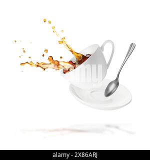 Tazza di caffè, piattino e cucchiaio in aria su sfondo bianco Foto Stock