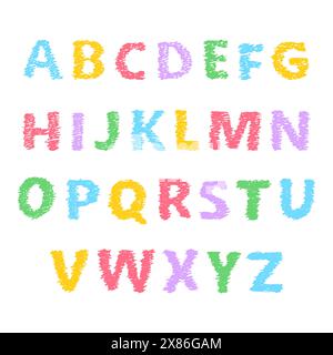Lettere dell'alfabeto latino disegnate a mano. Font e font moderni maiuscoli. Simboli multicolore su sfondo bianco. Illustrazione vettoriale. Illustrazione Vettoriale