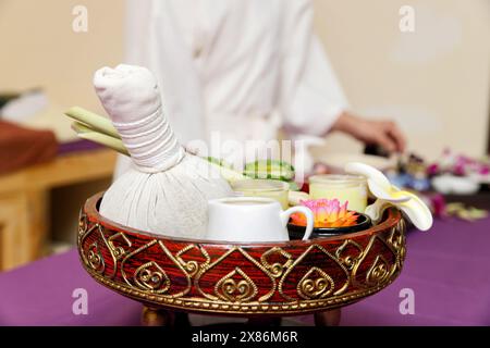 Prodotti per la cura delle erbe e della pelle con donna in spa. Le erbe comprimono la palla, l'erba del limone, la citronella e l'olio essenziale nel cestello. Foto Stock