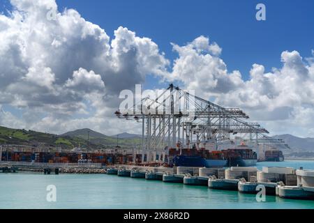 Tangeri, Marocco - 1° aprile 2024: Navi portacontainer scaricate e caricate nel porto di Tangeri Med in Marocco Foto Stock