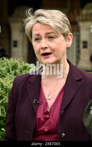 Londra, Regno Unito. La politica di lunga data, la segretaria degli interni ombra Yvette Cooper, ha iniziato la sua campagna elettorale oggi con un'intervista su College Green di fronte alle camere del Parlamento. Simile all'annuncio di ieri di Rishi Sunak per il giorno delle elezioni, è stato fatto un tentativo di affogare le sue parole, questa volta da un estremista religioso. Crediti: michael melia/Alamy Live News Foto Stock