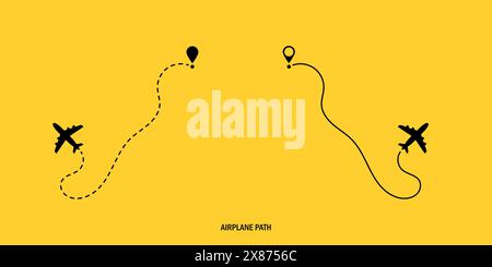 Concetto di viaggio. Aereo a traiettoria tratteggiata. Tracciamento degli aerei. Percorso aereo. Illustrazione vettoriale su sfondo bianco isolato. Illustrazione Vettoriale