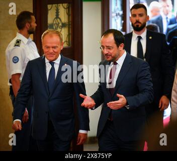 Varsavia, Polonia. 23 maggio 2024. Il presidente di Cipro Nikos Christodoulides (r) incontra il primo ministro polacco Donald Tusk (l) alla Cancelleria del primo ministro a Varsavia, in Polonia, il 23 maggio 2024. Si tratta della prima visita ufficiale del presidente cipriota in Polonia. (Foto di Jaap Arriens/Sipa USA) credito: SIPA USA/Alamy Live News Foto Stock