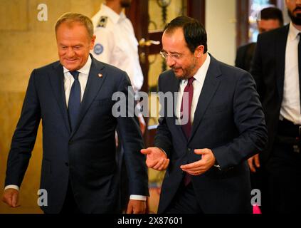 Varsavia, Polonia. 23 maggio 2024. Il presidente di Cipro Nikos Christodoulides (r) incontra il primo ministro polacco Donald Tusk (l) alla Cancelleria del primo ministro a Varsavia, in Polonia, il 23 maggio 2024. Si tratta della prima visita ufficiale del presidente cipriota in Polonia. (Foto di Jaap Arriens/Sipa USA) credito: SIPA USA/Alamy Live News Foto Stock