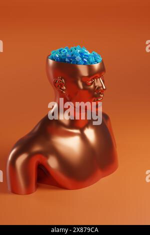 Busto di bronzo di un uomo con la testa aperta e piena di cubi blu. illustrazione 3d. Foto Stock