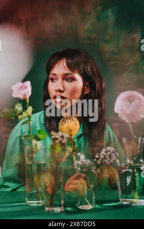 Donna premurosa con Leucospermum davanti allo sfondo verde Foto Stock