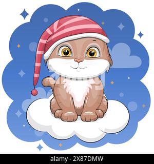 Un simpatico gatto dei cartoni animati indossa un berretto da notte e si siede su una nuvola. Immagine vettoriale notturna dell'animale su sfondo blu scuro. Illustrazione Vettoriale