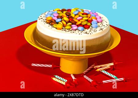 Torta di compleanno al cioccolato e alla vaniglia con guarnizioni colorate e candele Foto Stock