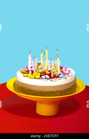 Condimenti colorati su cioccolato e torta di compleanno alla vaniglia Foto Stock