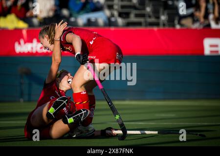 Anversa, Belgio. 23 maggio 2024. I giocatori belgi festeggiano dopo aver segnato durante una partita di hockey tra la nazionale belga delle Panthers rosse e l'India, partita 6/16 nella fase a gironi della FIH Pro League femminile 2024, giovedì 23 maggio 2024, ad Anversa. BELGA PHOTO JASPER JACOBS credito: Belga News Agency/Alamy Live News Foto Stock