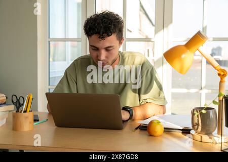 Freelancer che utilizza un computer portatile alla scrivania in ufficio Foto Stock
