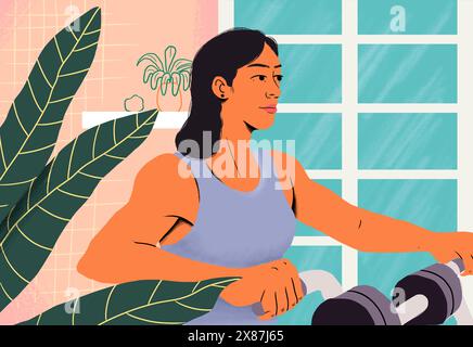 Donna determinata che fa esercizio con pesi in palestra Foto Stock