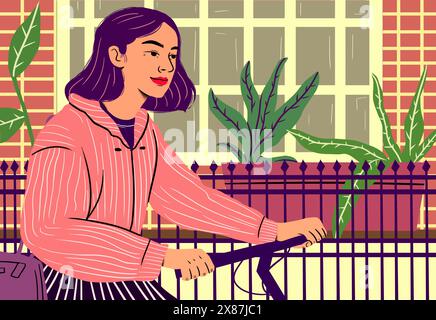 Una giovane donna ama fare un giro in bicicletta in un ambiente vivace della città. Esplorazione urbana, ciclismo, libertà Foto Stock