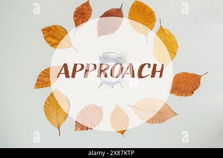 Un cerchio di foglie con la parola approccio scritta al centro. Le foglie sono disposte in modo da formare un cerchio intorno alla parola. Concetto di Foto Stock