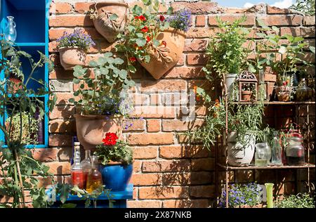 Piante in vaso su pareti in mattoni nel giardino estivo Foto Stock