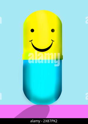 Smiley faccia su capsula medica su sfondo blu Foto Stock