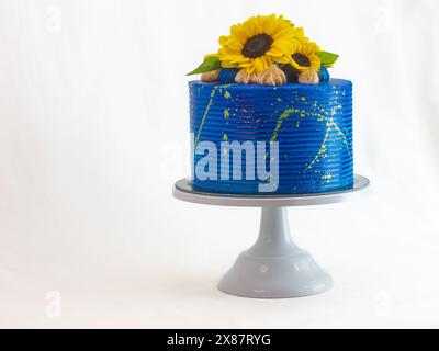 Stupenda torta con glassa blu brillante, adornata con girasoli freschi e fichi, esposta su una torta bianca su uno sfondo neutro Foto Stock