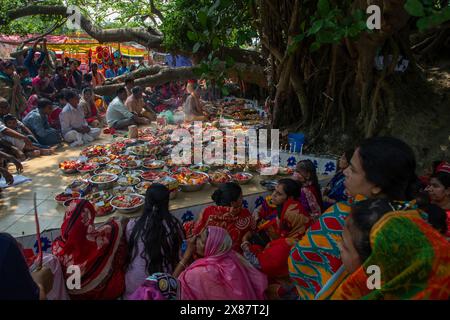 I devoti si riuniscono per adorare l'albero banyan vicino a Sonargaon Upazila Parishad a Narayanganj, seguendo un'antica tradizione sostenuta dal locale indù co Foto Stock