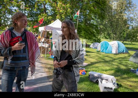 Stoccolma, Svezia. 23 maggio 2024. I manifestanti pro-palestinesi hanno allestito un campo fuori dall'Università di Stoccolma in una potente dimostrazione. Le azioni seguono le massicce proteste studentesche che hanno scosso le università americane nelle ultime settimane. Studenti e attivisti si sono riuniti per mostrare il loro sostegno alla Palestina e per sensibilizzare sul conflitto in Medio Oriente, creando una presenza significativa e una discussione nei campus. (Credit Image: © Joel Lindhe/ZUMA Press Wire) SOLO PER USO EDITORIALE! Non per USO commerciale! Foto Stock