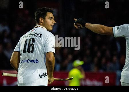Anversa, Belgio. 23 maggio 2024. Il belga Alexander Hendrickx festeggia dopo aver segnato durante una partita di hockey tra la nazionale belga dei Red Lions e l'India, la partita 6/16 nella fase a gironi della FIH Pro League maschile 2024, giovedì 23 maggio 2024, ad Anversa. BELGA PHOTO JASPER JACOBS credito: Belga News Agency/Alamy Live News Foto Stock