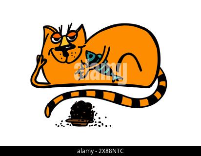 Il gatto sta riposando in modo divertente. Molto cibo. disegno a mano. Non ai, illustrazione vettoriale Illustrazione Vettoriale