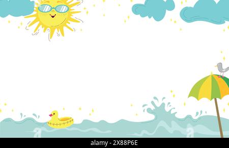 Sfondo abstract e colorato per striscioni estive con decorazioni da spiaggia. Simpatico poster con illustrazione piatta. Illustrazione Vettoriale