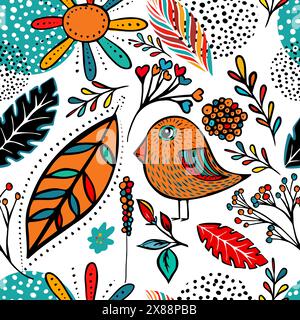 Sfondo decorativo senza cuciture con uccelli e fiori. disegno manuale. Non IA. Illustrazione vettoriale Illustrazione Vettoriale