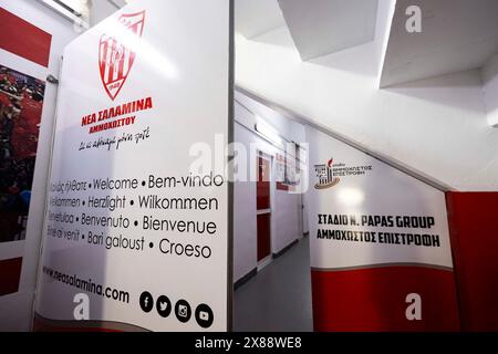 LARNACA, CIPRO - 23 MAGGIO 2024: Branding allo stadio. Cymru u17 contro Austria ai Campionati UEFA U17 allo stadio Ammochostos il 23 maggio 2024. (Foto di Lewis Mitchell/FAW) Foto Stock