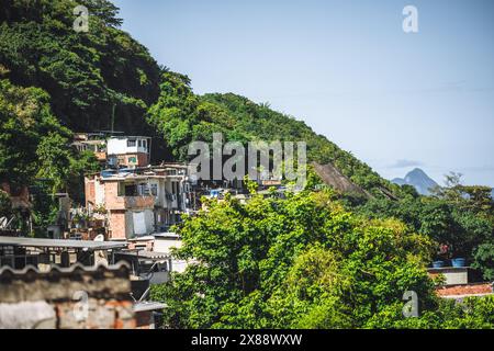 Vista della favela Babilonia a Leme, Rio, con case multicolore in mezzo al verde su una ripida collina, giustapposta alla densità urbana e alla natura lussureggiante Foto Stock