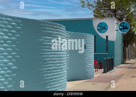 Il tocco moderno del centro benessere su un muro ondulato MCM è un cortile stravagante realizzato in mattoni blu ondulati a Las Cruces, NEW MEXICO, USA Foto Stock