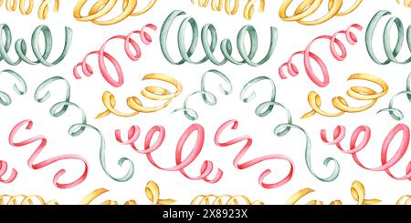 Nastri di coriandoli nei colori rosso, giallo e verde, illustrazione ad acquerello. Ideale per inviti a feste, decorazioni natalizie e design natalizio Foto Stock