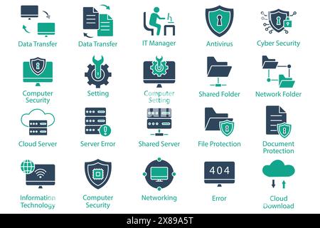 Set di icone per la tecnologia dell'informazione. trasferimento dati, sicurezza informatica, impostazione computer e altro ancora. stile icona a tinta unita. illustrazione vettoriale elemento tecnologico Illustrazione Vettoriale