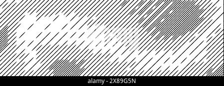 Trama tratteggiata diagonale. Sfondo con linee tratteggiate e oblique nere. Carta da parati a strisce interrotte con inclinazione diritta. Sovrapposizione grunge rasterizzata retinatura astratta. Trama ondulata vettoriale ampia Illustrazione Vettoriale