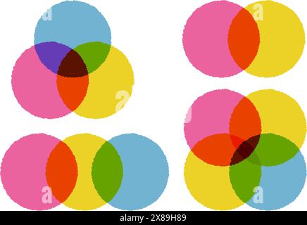 Diagrammi Venn. Fai circolare l'intersezione per l'infografica. modello grafico 2, 3 e quattro. Progettazione grafica vettoriale per le aziende. Oggetti matematici risografici Illustrazione Vettoriale