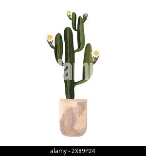 Cactus in fiore in un recipiente di cemento leggero. Piante per la casa. Floricoltura. Decorazione degli interni. Illustrazione ad acquerello isolata su sfondo bianco Foto Stock